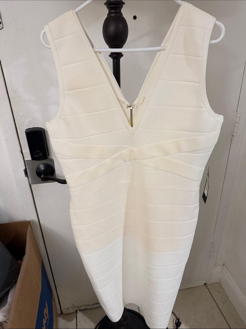 Bebe Ivory Bandage V-Neck Midi Dress